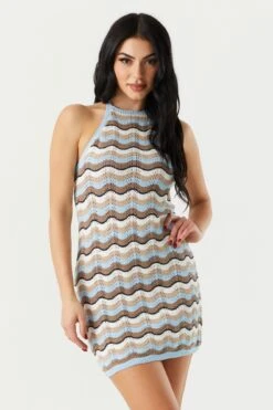 Mini Aura Shop 38 Printed Crochet Knit Halter Neck Mini Dress