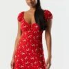 Red Floral Front Tie Milkmaid Dress 2 Red Floral Front Tie Milkmaid Dress -Mini Aura Shop 053048283602 60 0