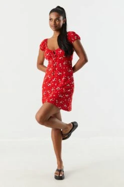 Red Floral Front Tie Milkmaid Dress -Mini Aura Shop 053048283602 60 2