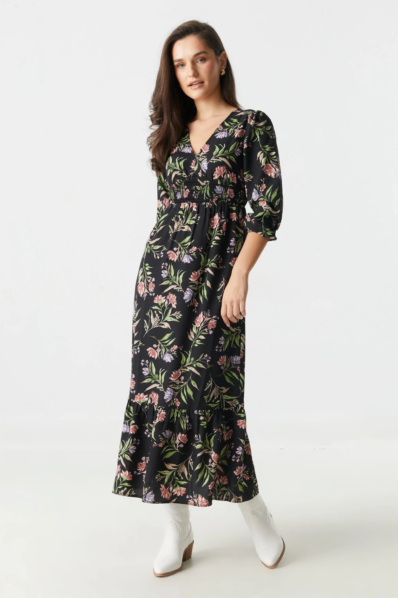 Black Floral Print V-Neck Long Sleeve Maxi Dress 3 Black Floral Print V-Neck Long Sleeve Maxi Dress