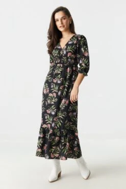 Black Floral Print V-Neck Long Sleeve Maxi Dress