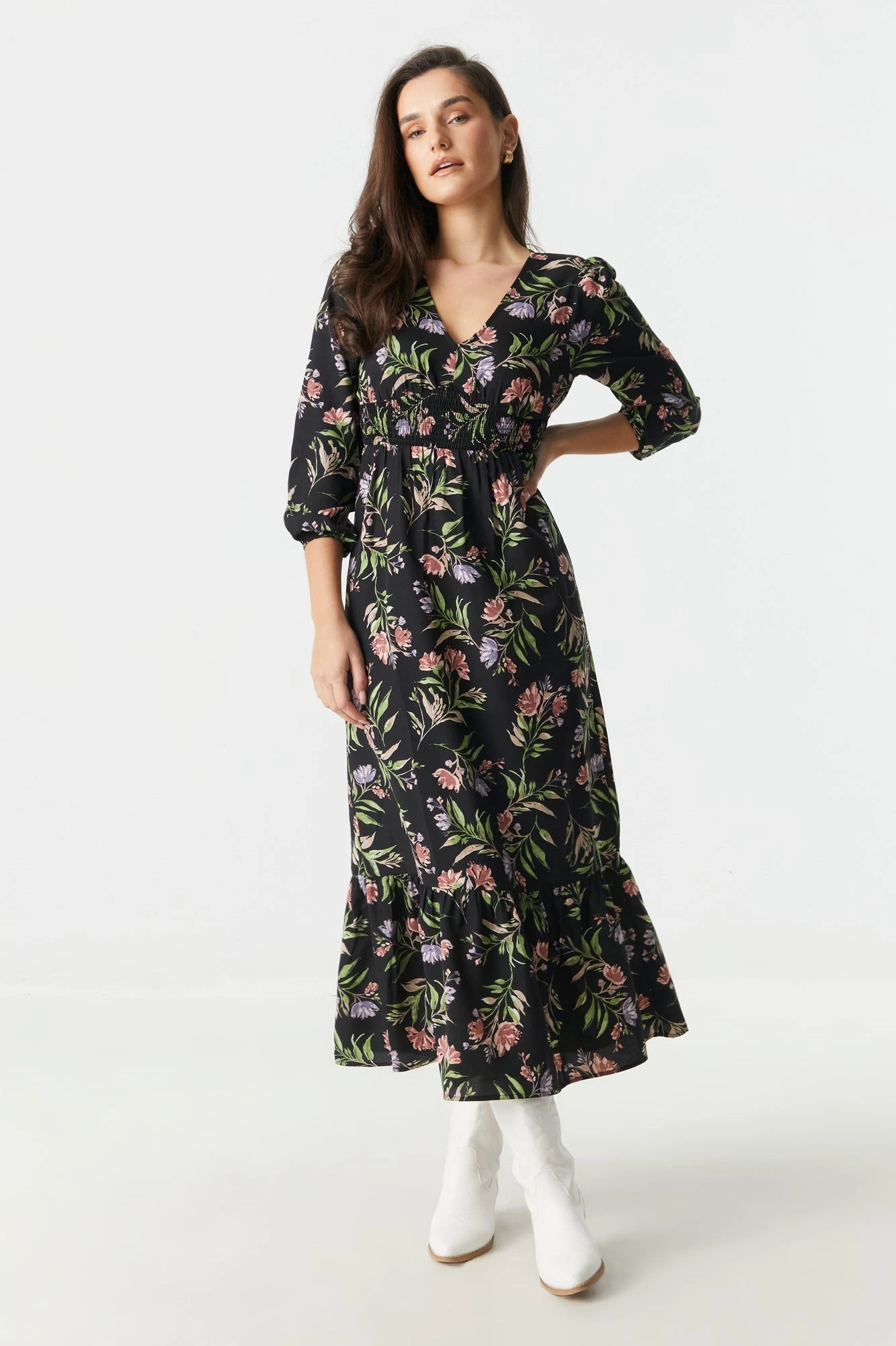 Black Floral Print V-Neck Long Sleeve Maxi Dress 5 Black Floral Print V-Neck Long Sleeve Maxi Dress - Image 3