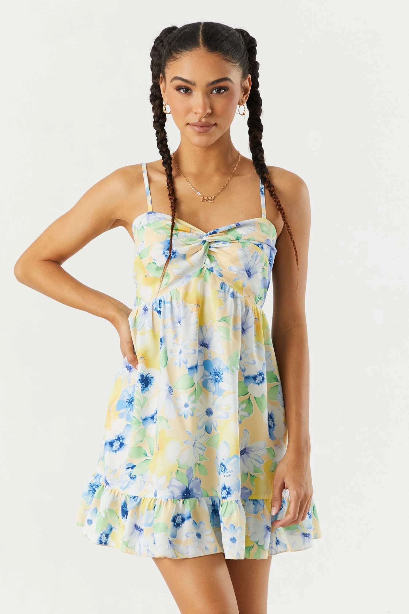 Blue And Yellow Floral Front Twist Babydoll Dress 3 Blue And Yellow Floral Front Twist Babydoll Dress