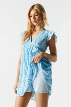 Blue Floral V-Neck Babydoll Dress 9 Blue Floral V-Neck Babydoll Dress -Mini Aura Shop 053231813728 48 3 1