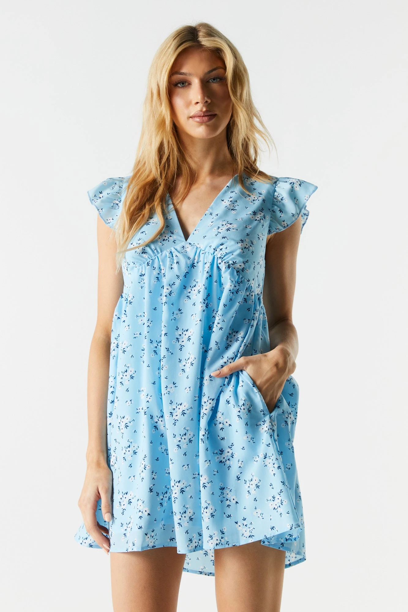 Blue Floral V-Neck Babydoll Dress 3 Blue Floral V-Neck Babydoll Dress