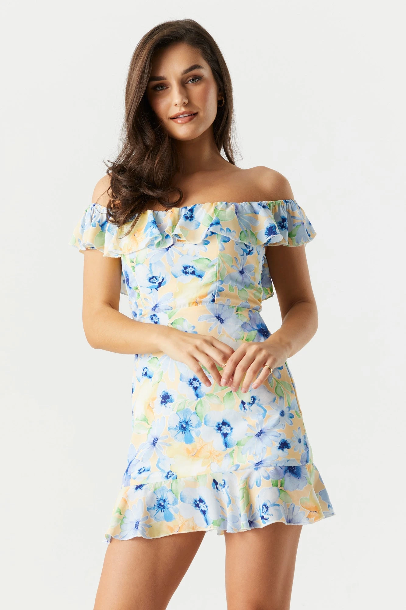 Blue And Yellow Floral Off Shoulder Dress 3 Blue And Yellow Floral Off Shoulder Dress