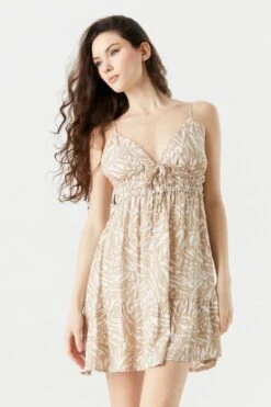 Tan Print V-Neck Tiered Babydoll Mini Dress