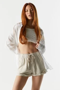 High Rise Linen Drawstring Short -Mini Aura Shop 053465532200 64