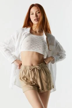 High Rise Linen Drawstring Short -Mini Aura Shop 053465532200 90