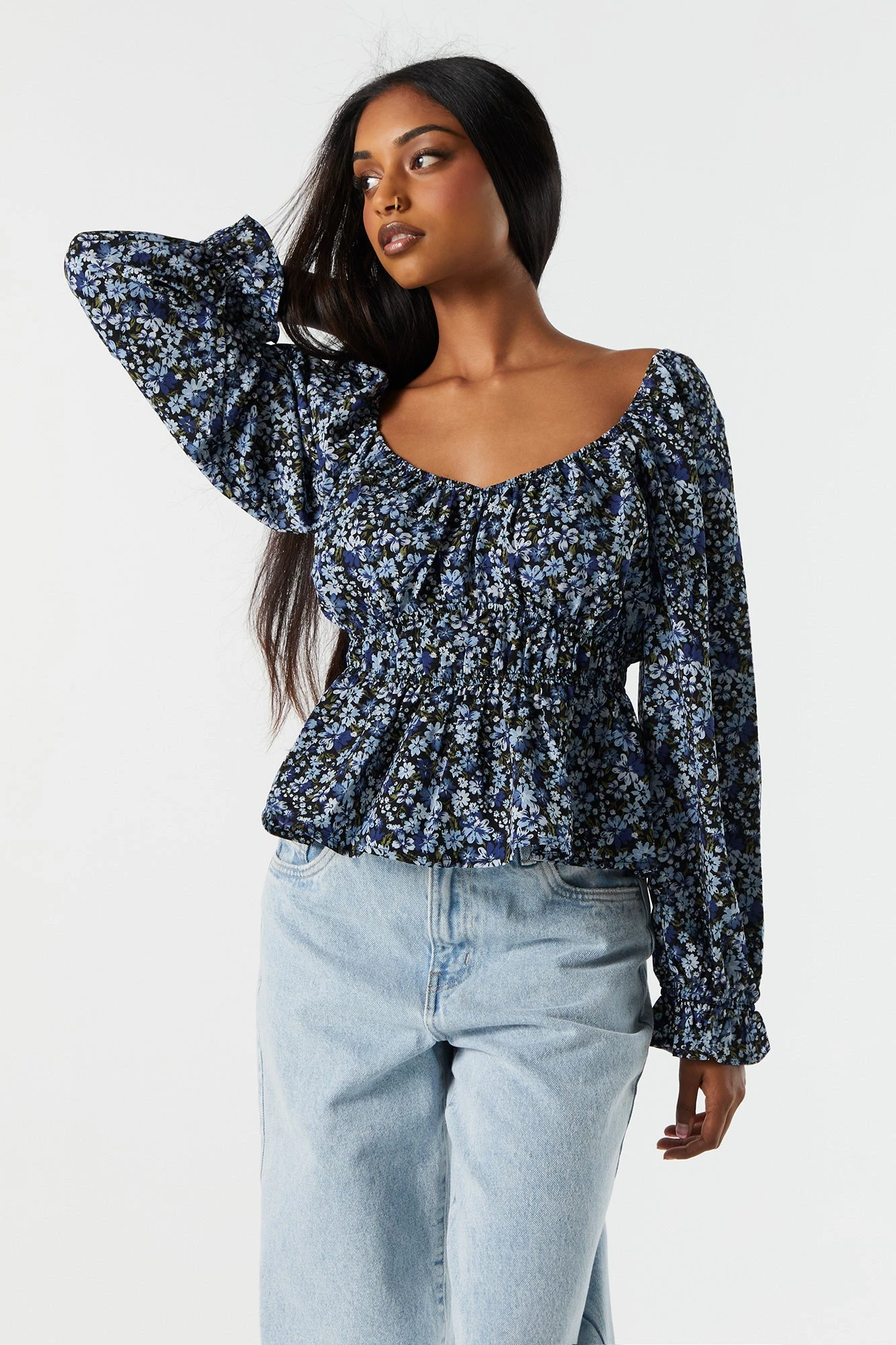 Blue Floral Elastic Waist Long Sleeve Top 2 Blue Floral Elastic Waist Long Sleeve Top