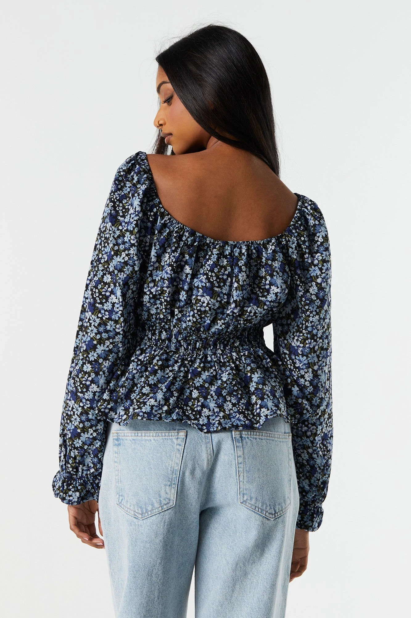 Blue Floral Elastic Waist Long Sleeve Top 3 Blue Floral Elastic Waist Long Sleeve Top - Image 2