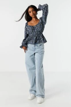 Blue Floral Elastic Waist Long Sleeve Top 6 Blue Floral Elastic Waist Long Sleeve Top -Mini Aura Shop 070231811339 40 2