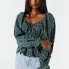 Green Floral Elastic Waist Long Sleeve Top 2 Green Floral Elastic Waist Long Sleeve Top -Mini Aura Shop 070231811339 49