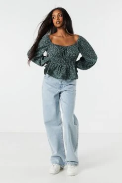 Green Floral Elastic Waist Long Sleeve Top -Mini Aura Shop 070231811339 49 2