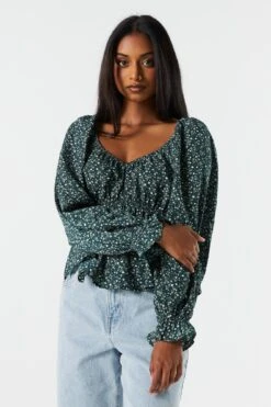 Green Floral Elastic Waist Long Sleeve Top