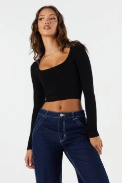 Ribbed Corset Long Sleeve Crop Top -Mini Aura Shop 071003039326 01