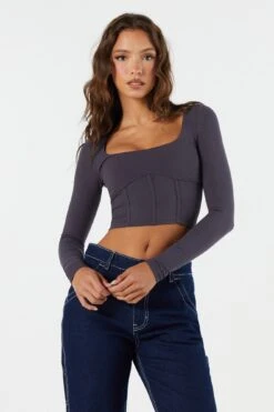 Ribbed Corset Long Sleeve Crop Top -Mini Aura Shop 071003039326 02