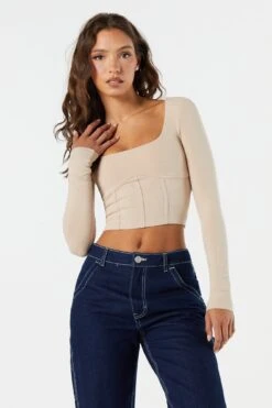 Ribbed Corset Long Sleeve Crop Top -Mini Aura Shop 071003039326 24