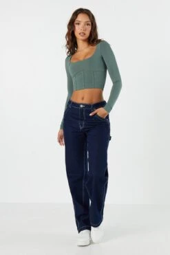 Ribbed Corset Long Sleeve Crop Top -Mini Aura Shop 071003039326 31 2