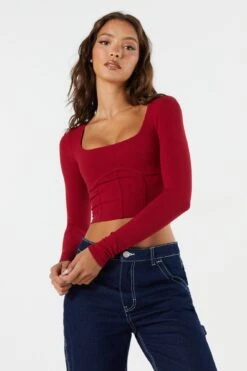 Ribbed Corset Long Sleeve Crop Top -Mini Aura Shop 071003039326 61