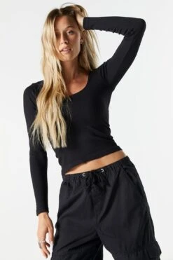 Ribbed Scoop Neck Long Sleeve Top -Mini Aura Shop 071003539404 01