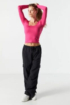 Ribbed Scoop Neck Long Sleeve Top -Mini Aura Shop 071003539404 66 2