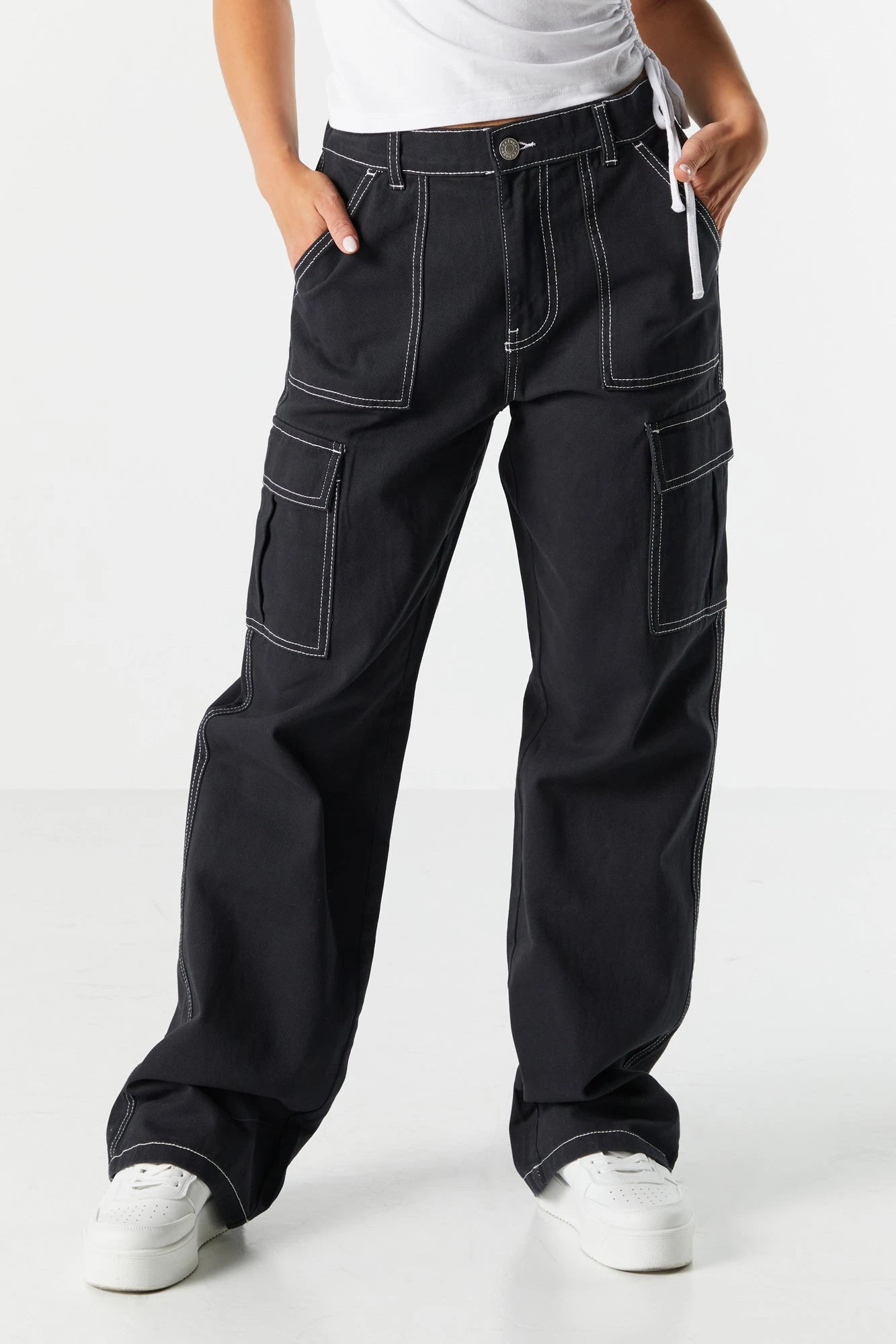 Contrast Stitch Elastic Waist Straight Leg Cargo Jean 4 Contrast Stitch Elastic Waist Straight Leg Cargo Jean - Image 2