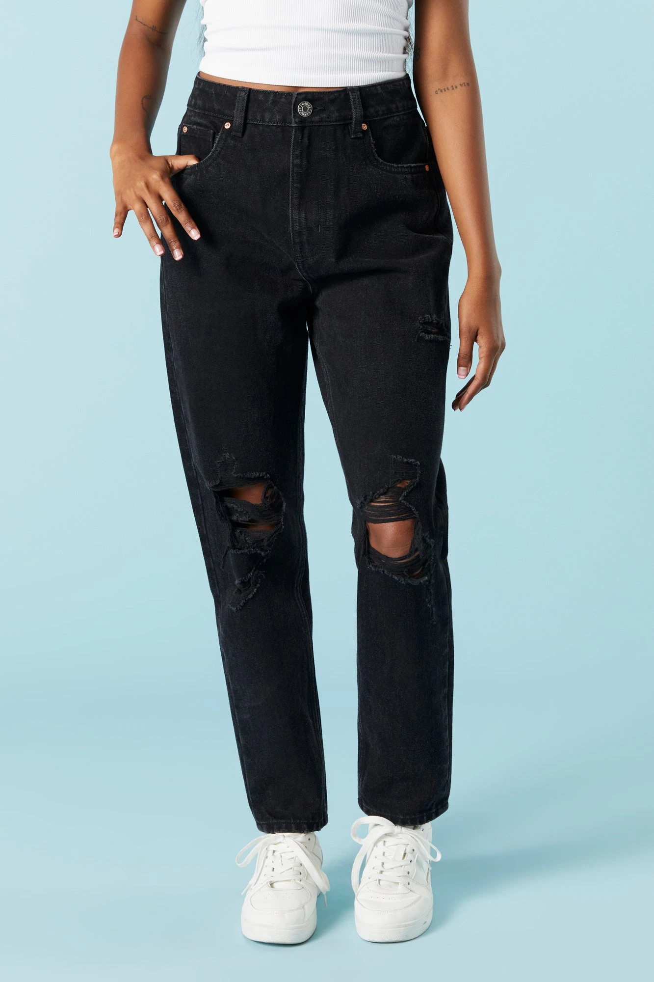 Black Wash Distressed Mom Jean 4 Black Wash Distressed Mom Jean - Image 2