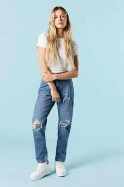 Dark Wash Distressed Mom Jean