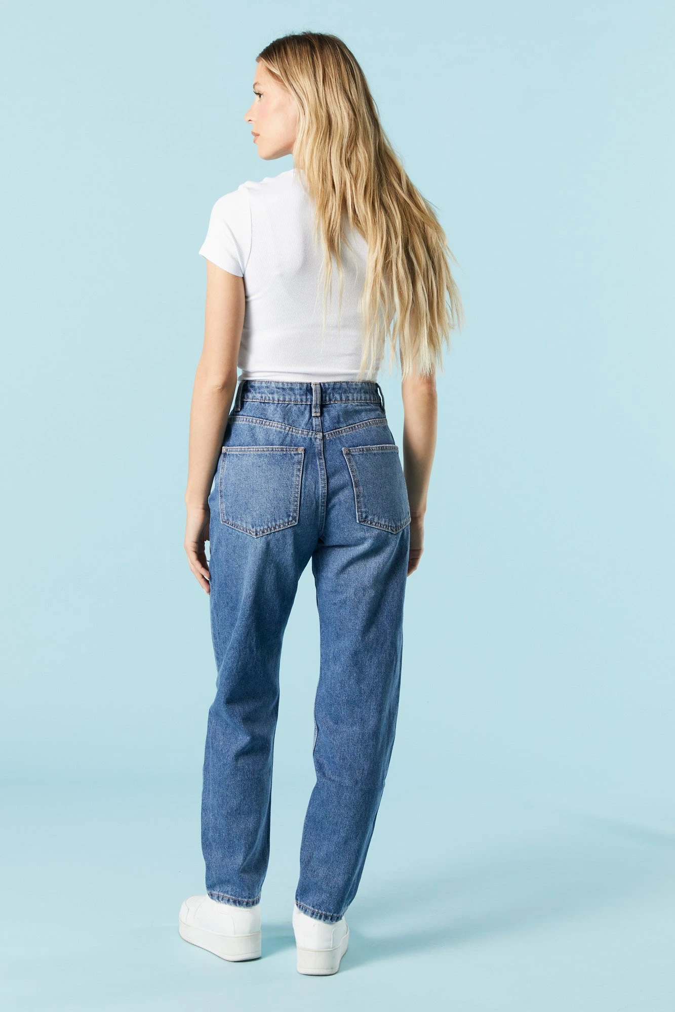 Dark Wash Heavy Distressed Mom Jean 5 Dark Wash Heavy Distressed Mom Jean - Image 3