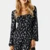 Black Floral Long Sleeve Milkmaid Dress -Mini Aura Shop 073048283615 01