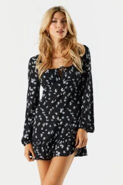 Black Floral Long Sleeve Milkmaid Dress