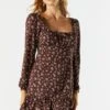 Brown Floral Long Sleeve Milkmaid Dress