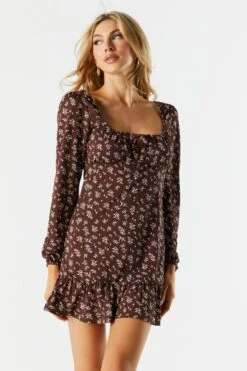 Brown Floral Long Sleeve Milkmaid Dress