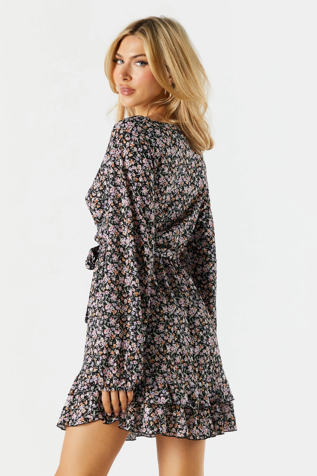 Black Floral Tiered Wrap Dress 4 Black Floral Tiered Wrap Dress - Image 2
