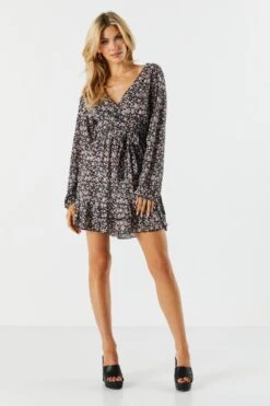 Black Floral Tiered Wrap Dress -Mini Aura Shop 073048284482 01 2