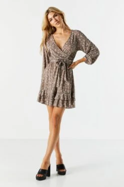 Brown Floral Tiered Wrap Dress 7 Brown Floral Tiered Wrap Dress -Mini Aura Shop 073048284482 22 2 1