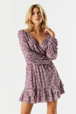 Mini Aura Shop 36 Lilac Floral Tiered Wrap Dress