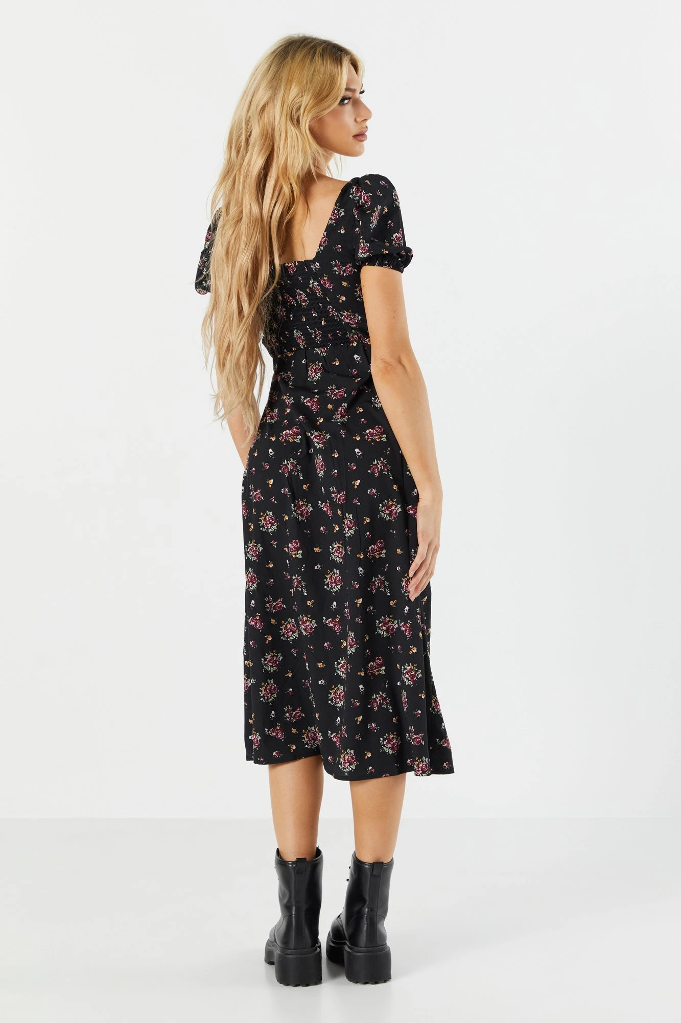 Black Floral Slit Milkmaid Midi Dress 4 Black Floral Slit Milkmaid Midi Dress - Image 2