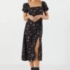 Black Floral Slit Milkmaid Midi Dress -Mini Aura Shop 073103031076 01