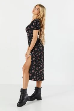 Black Floral Slit Milkmaid Midi Dress 7 Black Floral Slit Milkmaid Midi Dress -Mini Aura Shop 073103031076 01 2