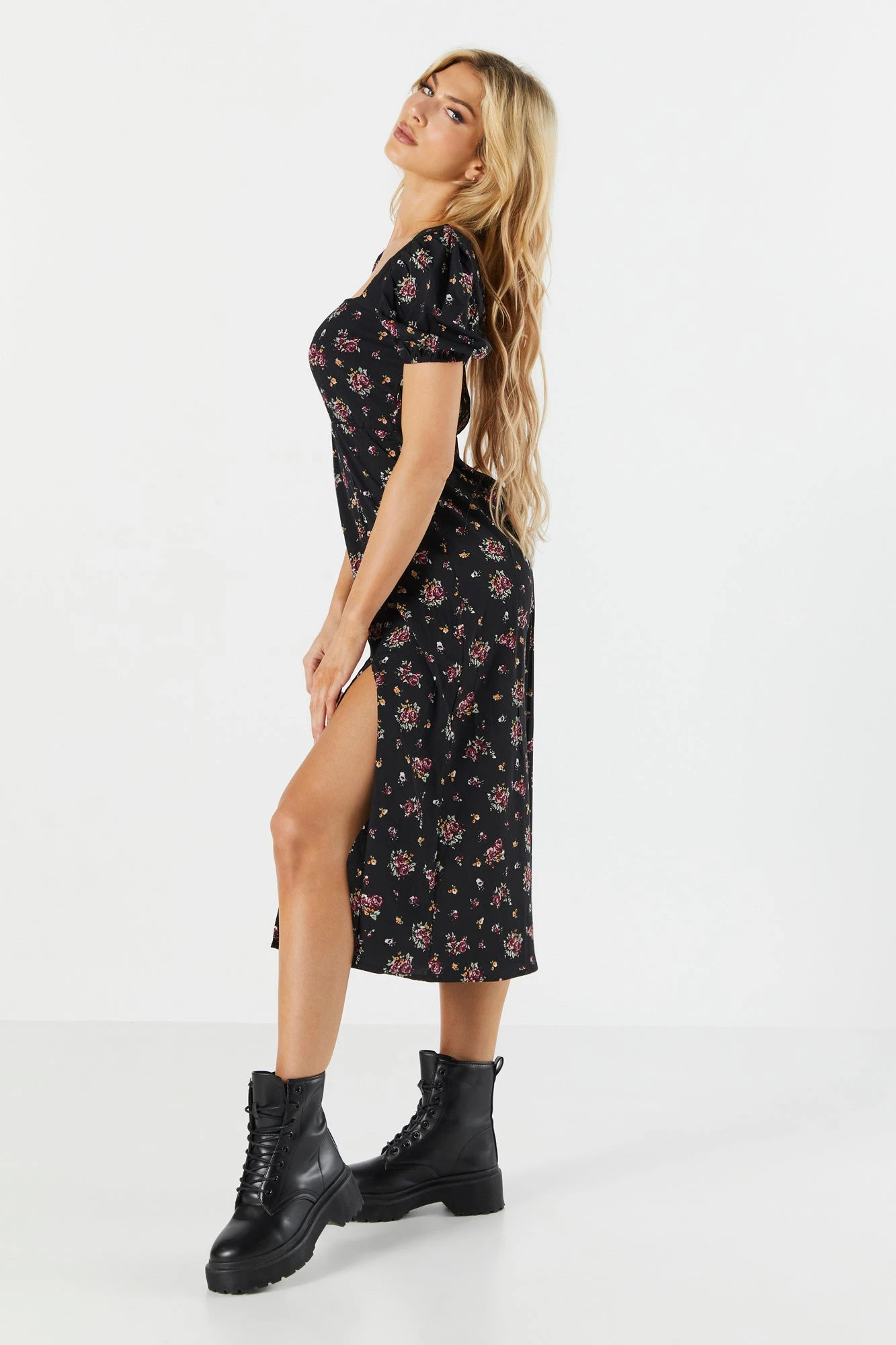 Black Floral Slit Milkmaid Midi Dress 5 Black Floral Slit Milkmaid Midi Dress - Image 3