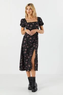 Black Floral Slit Milkmaid Midi Dress