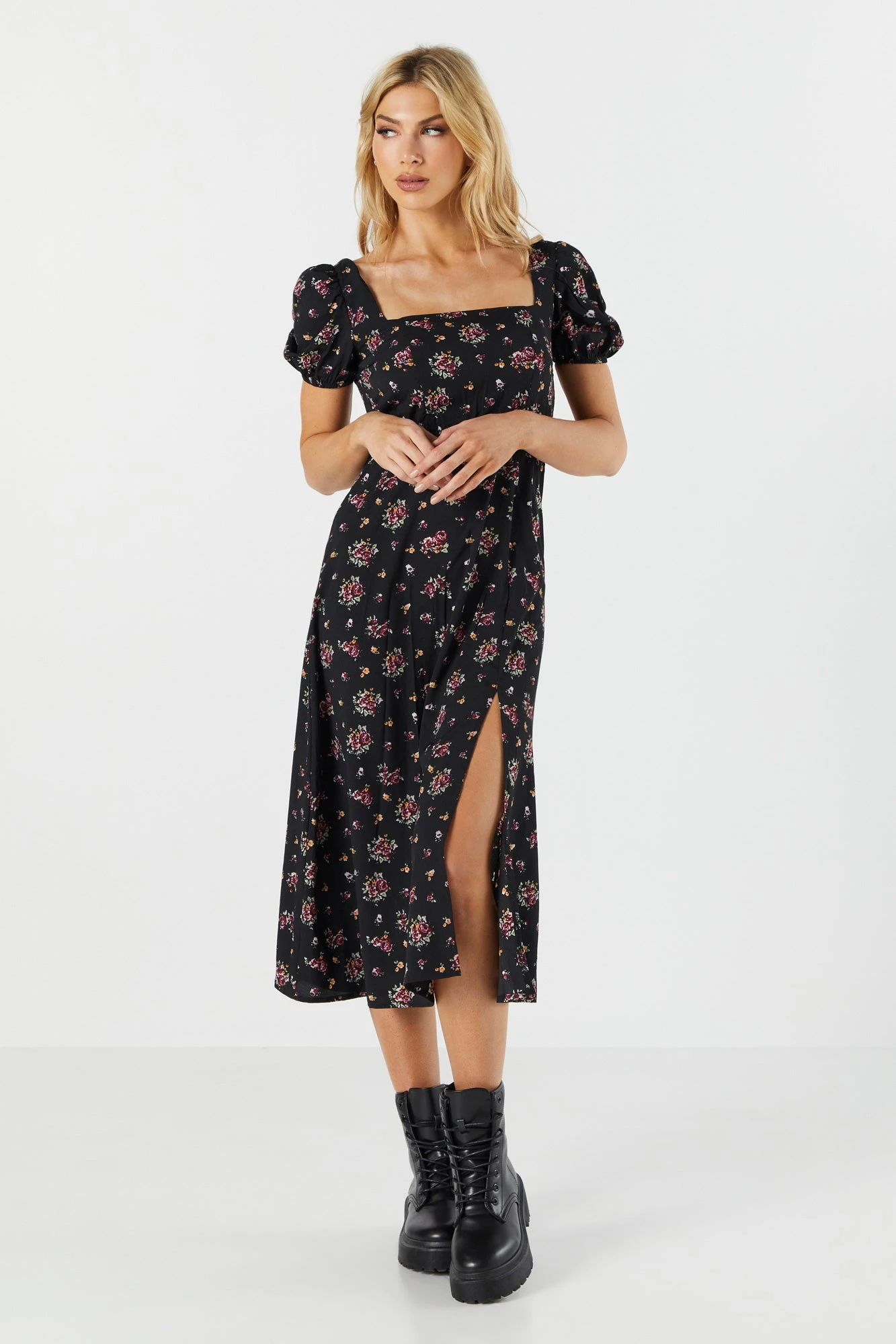 Black Floral Slit Milkmaid Midi Dress 3 Black Floral Slit Milkmaid Midi Dress