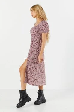 Purple Floral Slit Milkmaid Midi Dress -Mini Aura Shop 073103031076 55 2