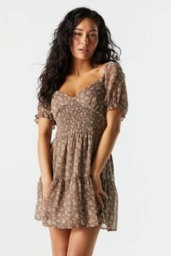 Printed Smocked Short Sleeve Tiered Dress