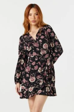 Floral Print Long Sleeve Wrap Dress -Mini Aura Shop 073226313742 01 928d8953 7c90 4201 9f76 22b992705593