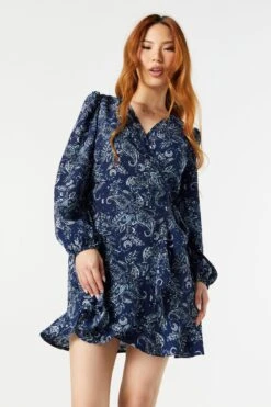 Paisley Print Long Sleeve Wrap Dress