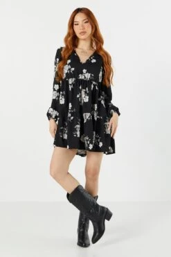Black Floral Long Sleeve Tiered Babydoll Dress -Mini Aura Shop 073226313743 01 2 1