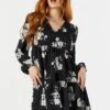 Black Floral Long Sleeve Tiered Babydoll Dress -Mini Aura Shop 073226313743 01 3